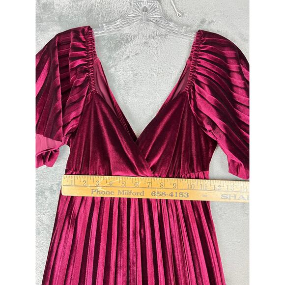 ASOS Burgundy Wine Velvet Maxi Dress 4 Empire Waist Pleated Twist Cutout Back - Picture 13 of 16